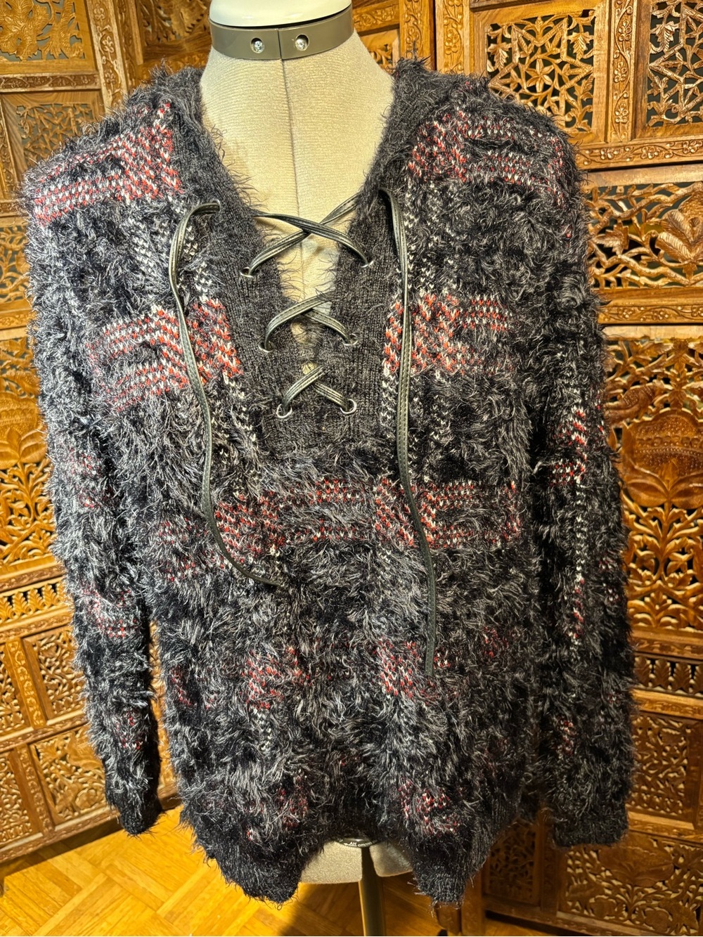 Rock & Republic Black Fuzzy Lace-Up V-Neck Sweater Hoodie with Red Plaid Accents